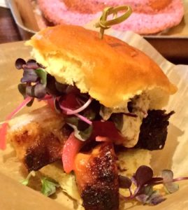 Roasted Pork Belly Slider with Pickled Onion, Radish Sprouts and Garlic-Anise Creole Mustard (Froeba)