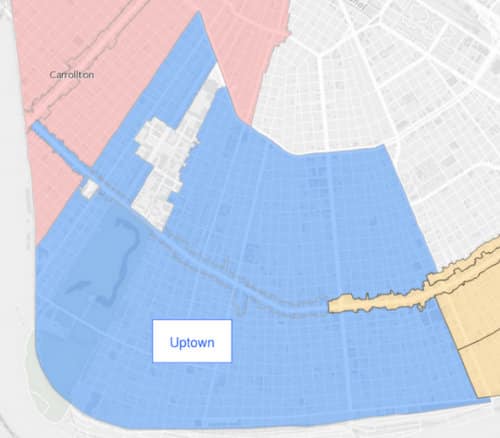 The boundaries of the proposed Uptown historic district are in blue. (via City of New Orleans)