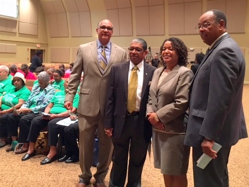 Moderator  Jeff Thomas (left), Council on Aging leader Howard Rodgers, Independent Police Monitor Susan Hutson and Assessor Errol Williams pose for a photo at the recent senior caucus. (Danae Columbus for UptownMessenger.com)