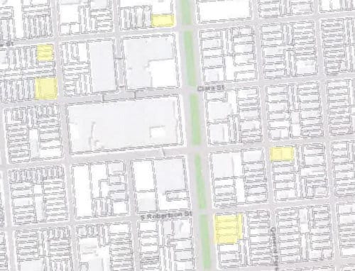 A map of the five parcels where Ochsner is seeking "institutional" land use. (via City of New Orleans)