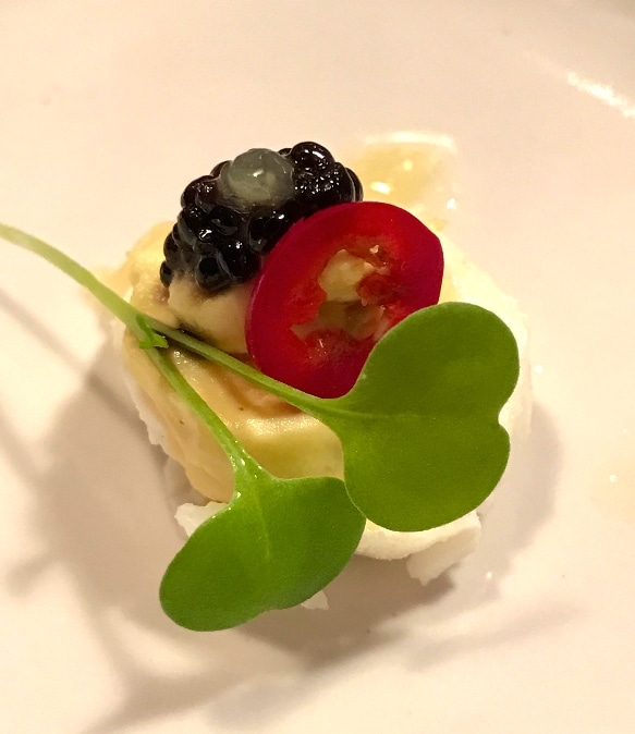 Deviled Quail Egg with Ghost Pepper Caviar and Preserved Lemon (Kristine Froeba)
