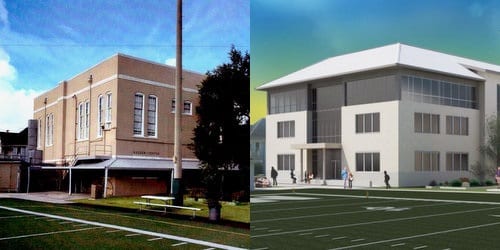 A photo of the Newman building to be torn down, and a rendering of the new science building to replace it. (via City of New Orleans)